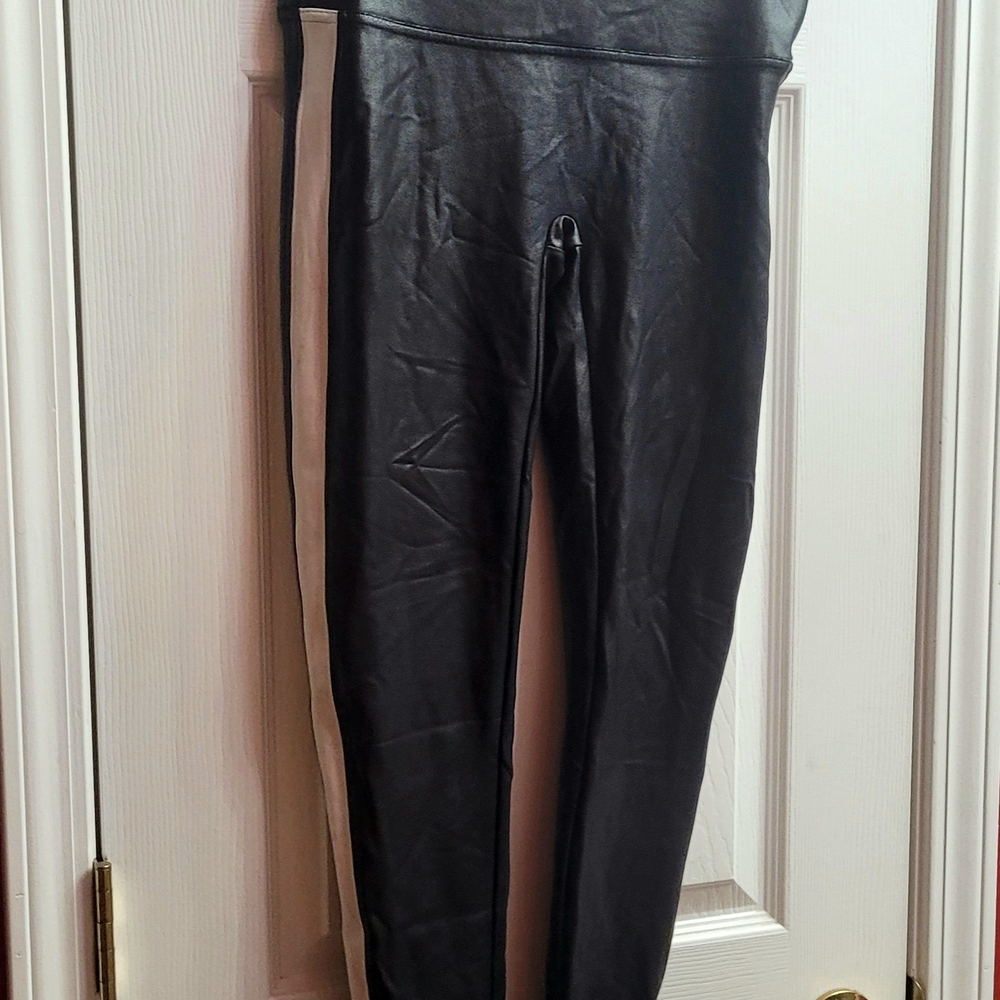 Time and Tru Black Faux Leather Leggings with Tan Side Stripe